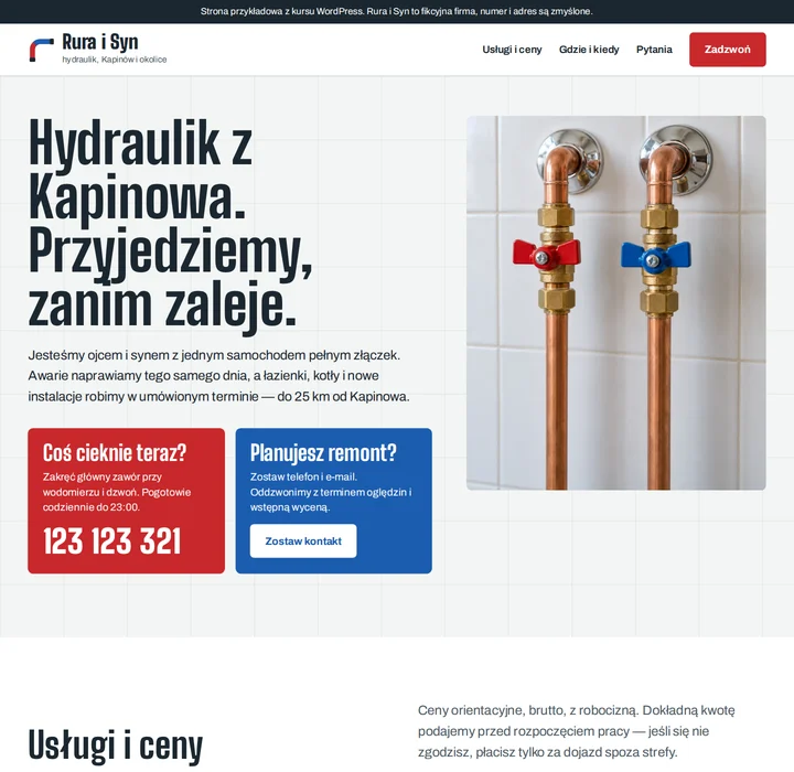 Przykładowa strona hydraulika z kursu: nagłówek „Hydraulik z Kapinowa. Przyjedziemy, zanim zaleje.” i przyciski kontaktu