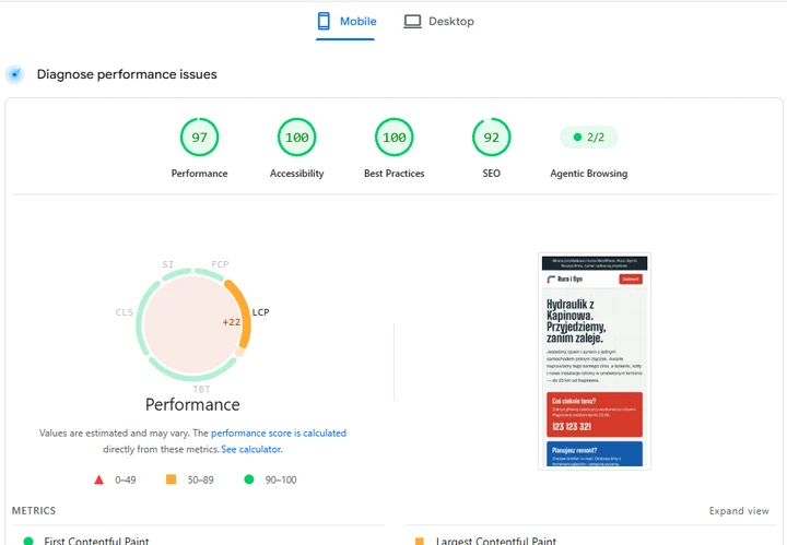 Raport Google PageSpeed dla hydraulik.webprobe.cloud na telefonie: wydajność 97, ułatwienia dostępu 100, sprawdzone metody 100, SEO 92